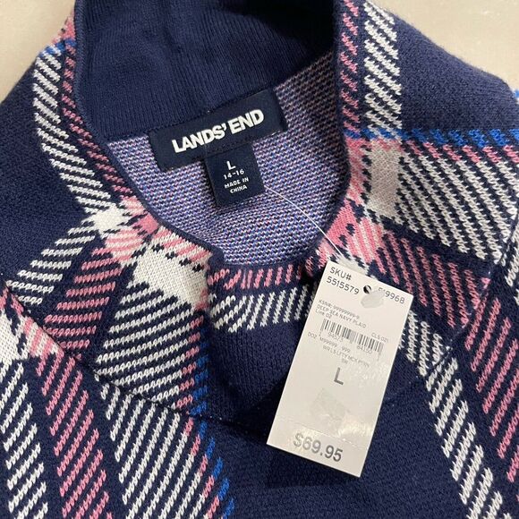 Lands' End Sweater Women's size‎ Large Blue Pink Plaid Pullover Mock Neck Casual - Picture 3 of 7